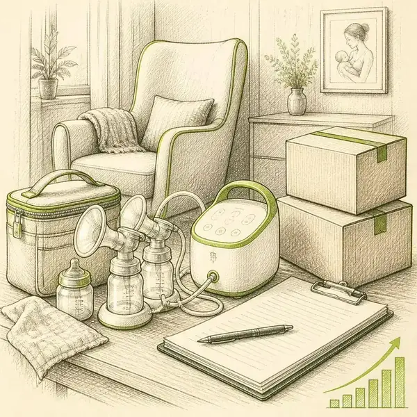 Pen-and-ink sketch of a home nursery with a portable breast pump, bottles and shipping boxes with a rising lime growth line representing Aeroflow Healthcare lead growth