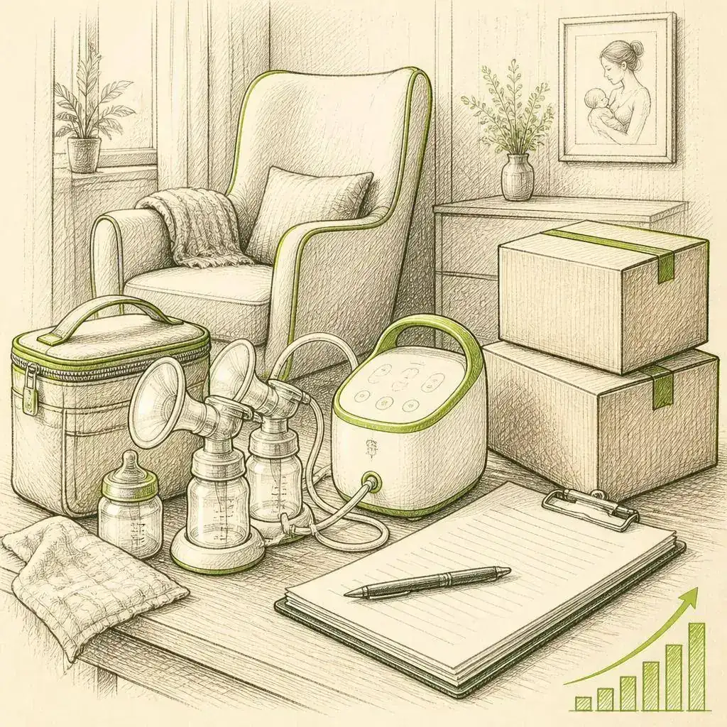 Pen-and-ink sketch of a home nursery with a portable breast pump, bottles and shipping boxes with a rising lime growth line representing Aeroflow Healthcare lead growth