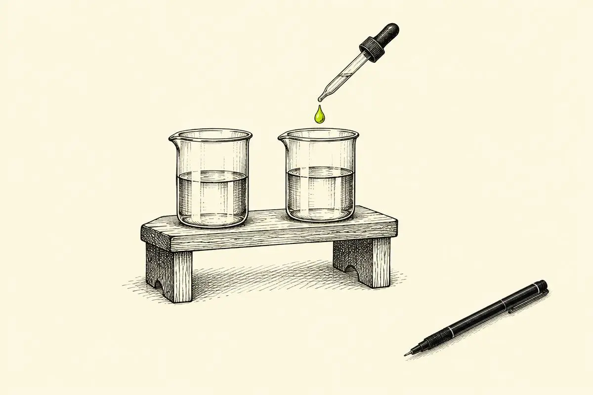 AI Max for Search testing shown as two lab beakers side by side, one receiving a single drop from a dropper.
