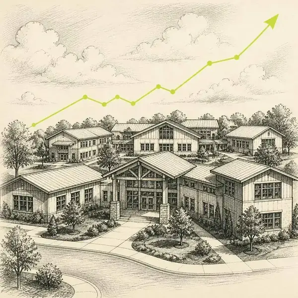 Pen-and-ink sketch of a multi-building early childhood education campus with a rising lime growth line representing 45+ location performance lift