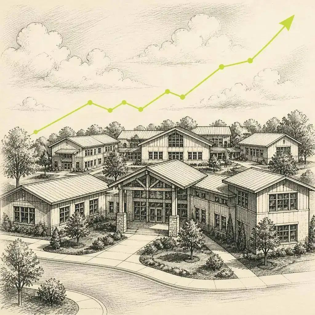 Pen-and-ink sketch of a multi-building early childhood education campus with a rising lime growth line representing 45+ location performance lift