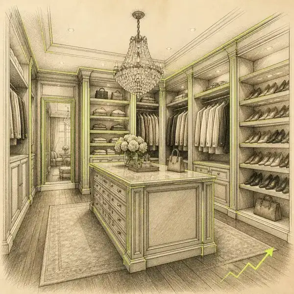 Pen-and-ink sketch of a luxurious walk-in closet with a crystal chandelier and lime accent lines representing Closet America PPC growth