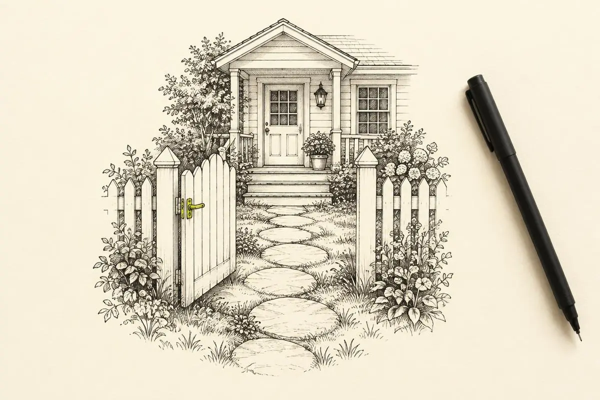 Competitor keywords in Google Ads shown as an open garden gate with stepping stones leading switchers toward a welcoming porch.