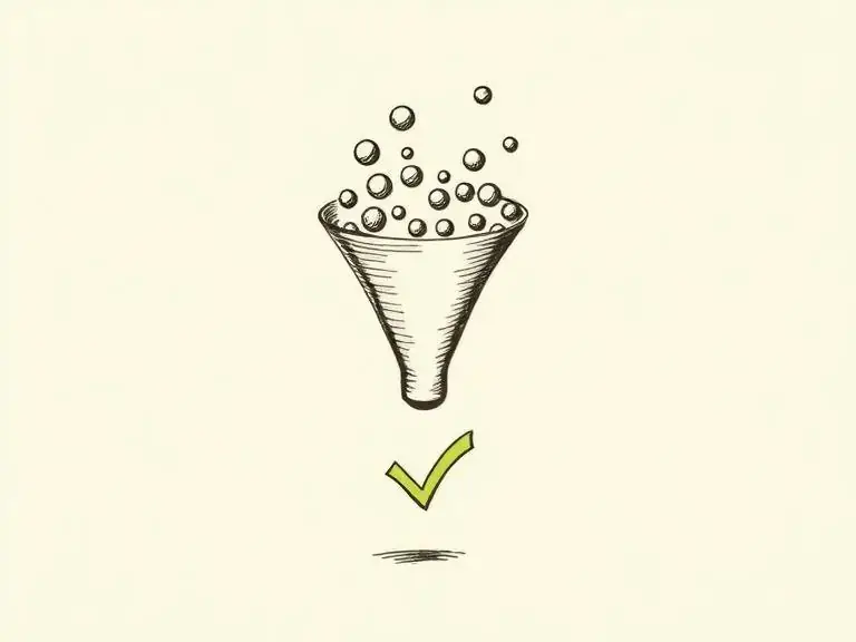Pen-and-ink sketch of a funnel filtering visitors into a checkmark, representing conversion optimization