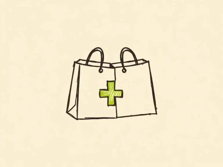 Pen-and-ink sketch of two shopping bags joined by a plus sign, representing cross-selling