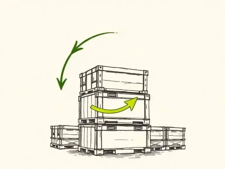 Pen-and-ink sketch of stacked crates with a turnover arrow, representing inventory turns