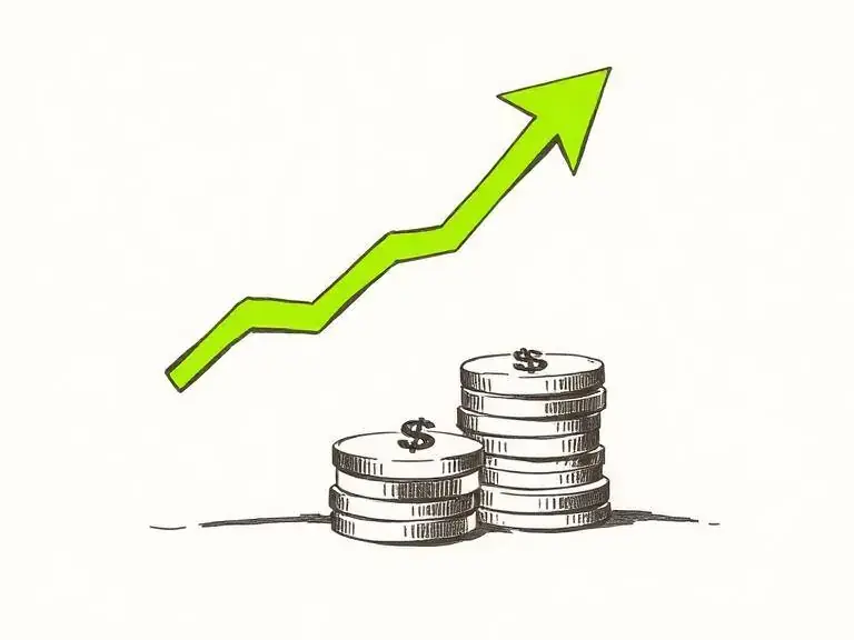 Pen-and-ink sketch of a rising arrow above a stack of coins, representing direct income