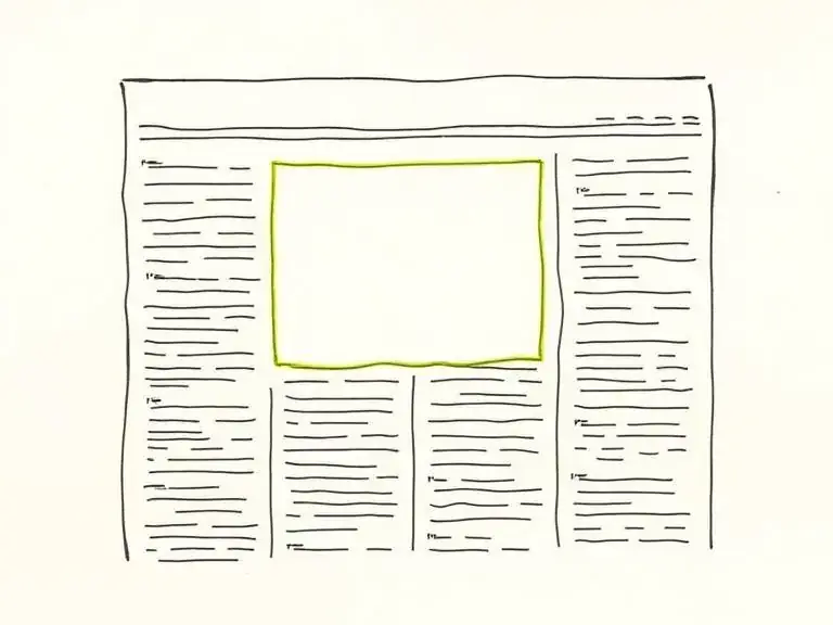 Pen-and-ink sketch of a news page with a highlighted banner placement, representing display advertising