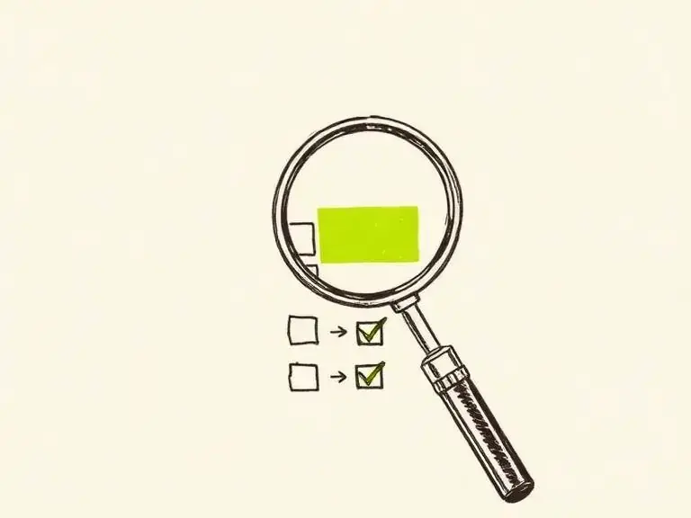 Pen-and-ink sketch of a magnifying glass over a checklist, representing error reduction
