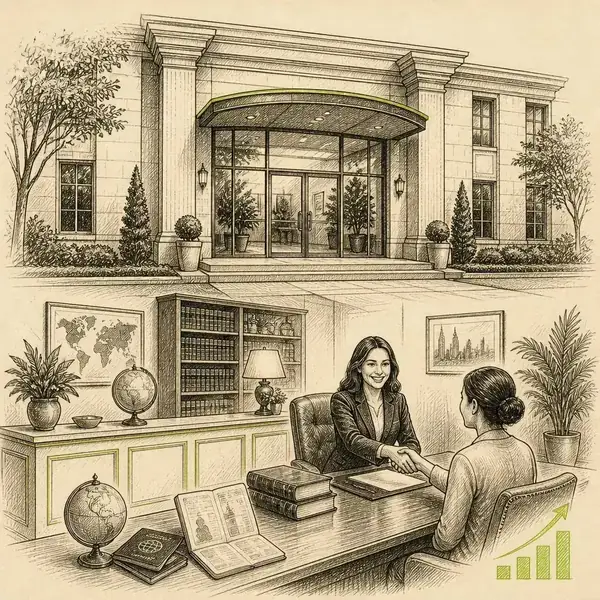 Pen-and-ink sketch of a dignified immigration law office exterior and a welcoming client consultation with a rising lime growth line representing lead generation growth