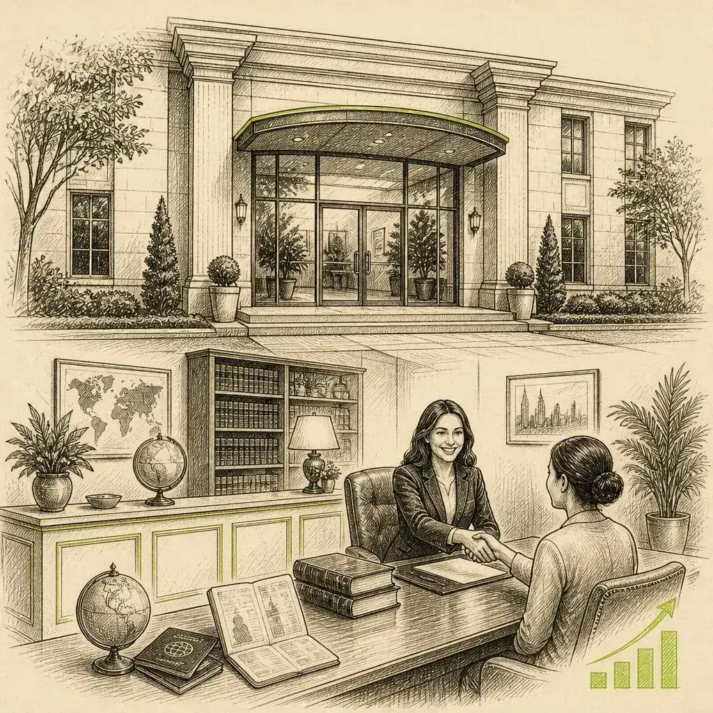 Pen-and-ink sketch of a dignified immigration law office exterior and a welcoming client consultation with a rising lime growth line representing lead generation growth