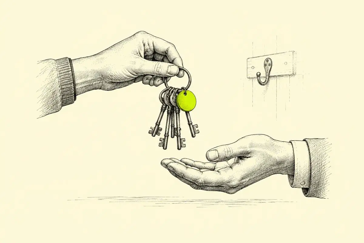 Google Ads account handover shown as a ring of keys passing from one open hand to another above a key hook.