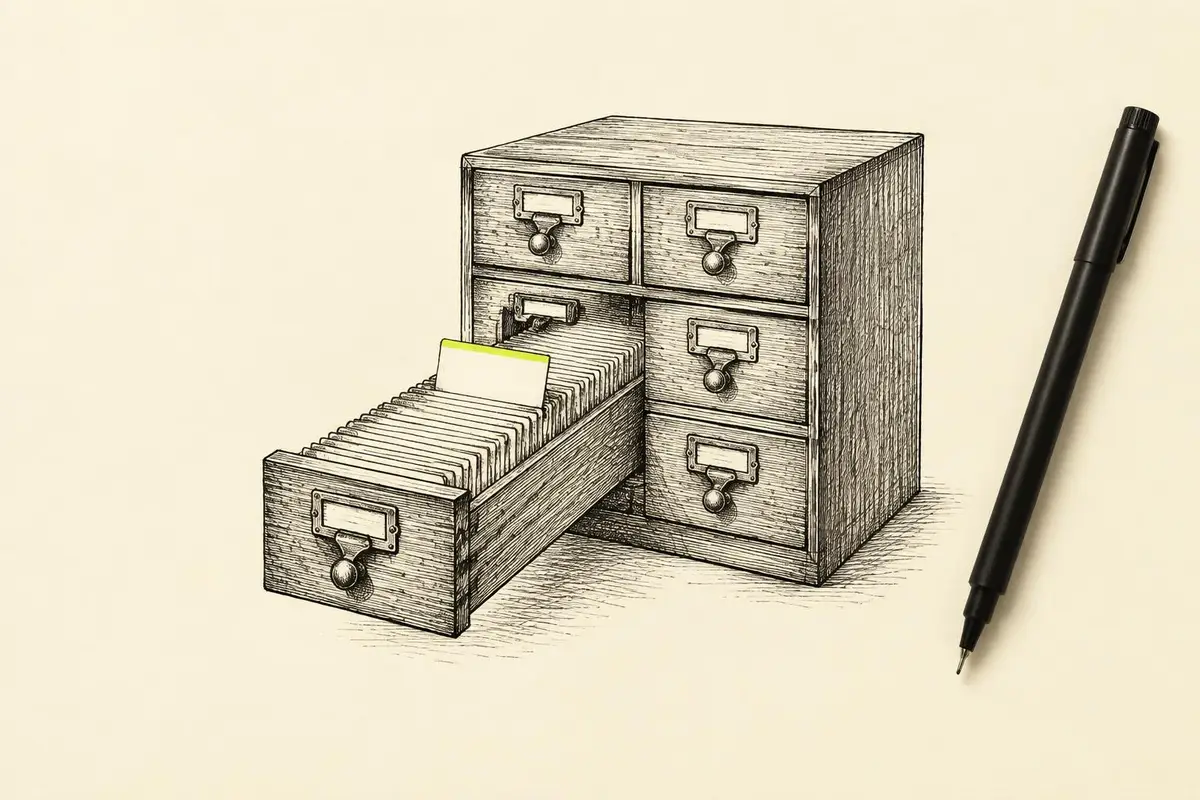 Google Ads All Conversions tab shown as an open card catalog drawer with every index card standing upright and aligned for review.