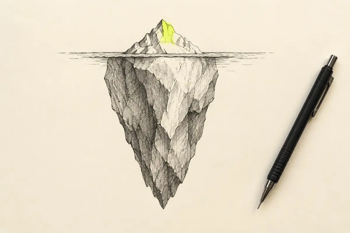 Google Ads attribution for lead generation shown as an iceberg, with a small tip of clicks above the waterline and a larger mass below.
