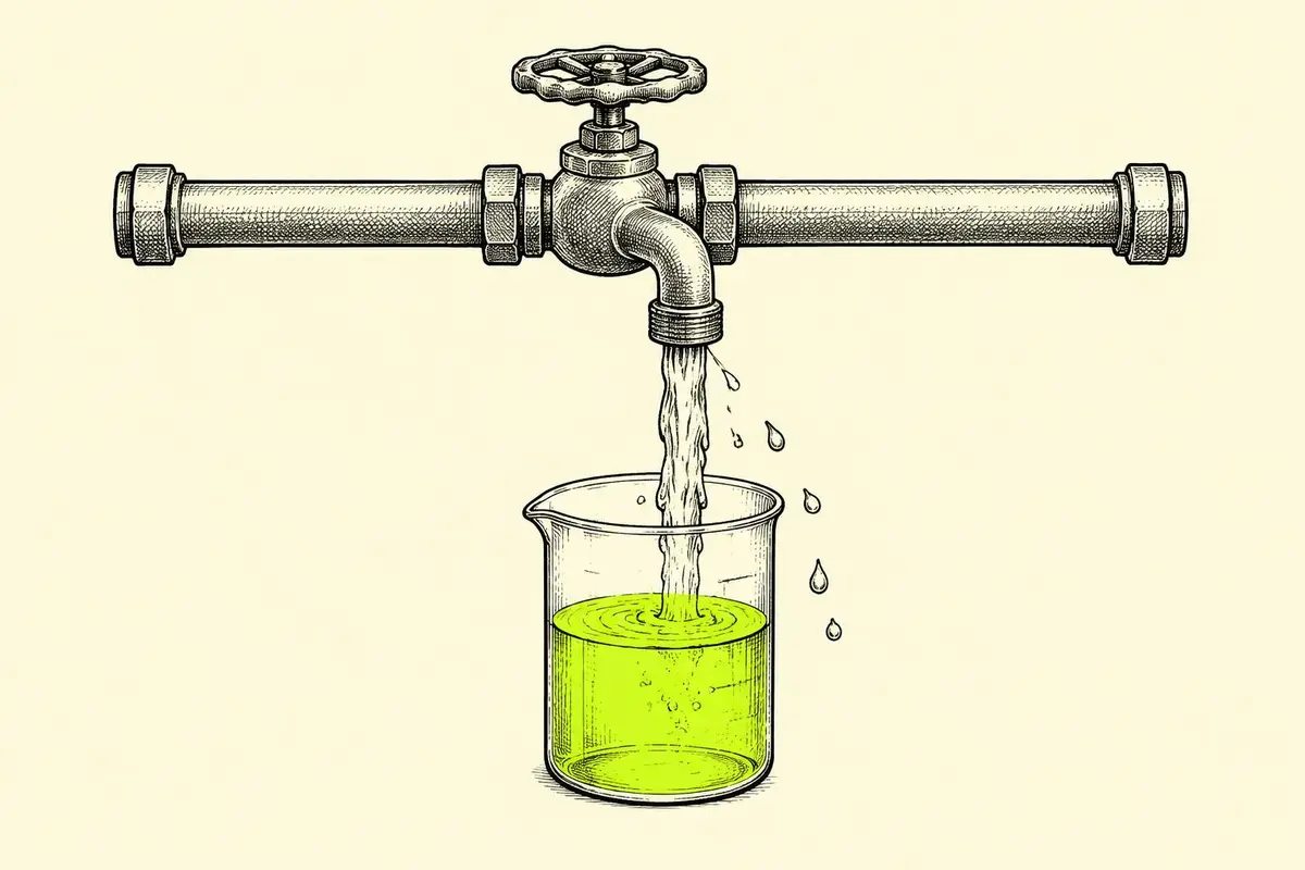 Google Ads conversion tracking for lead generation shown as pipes, a valve and a measuring beaker catching every qualified lead.
