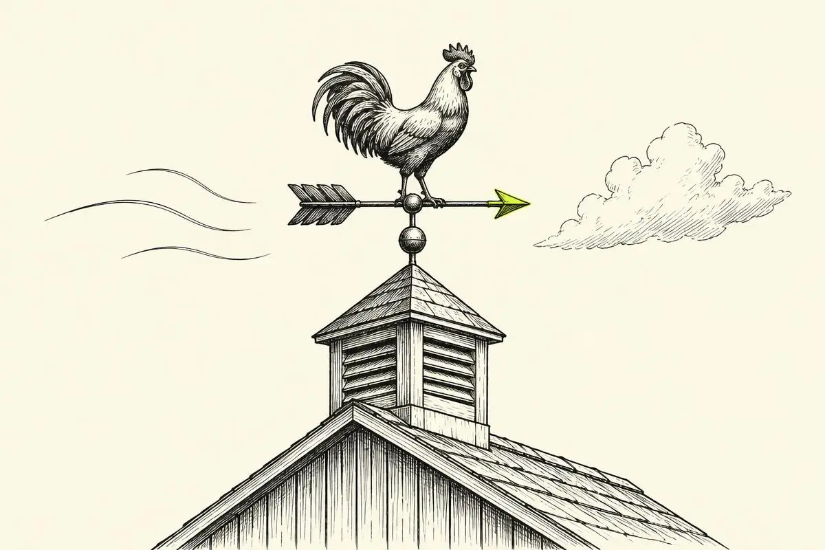 Google Ads seasonality adjustments shown as a rooftop weather vane swinging toward a short change in the weather.