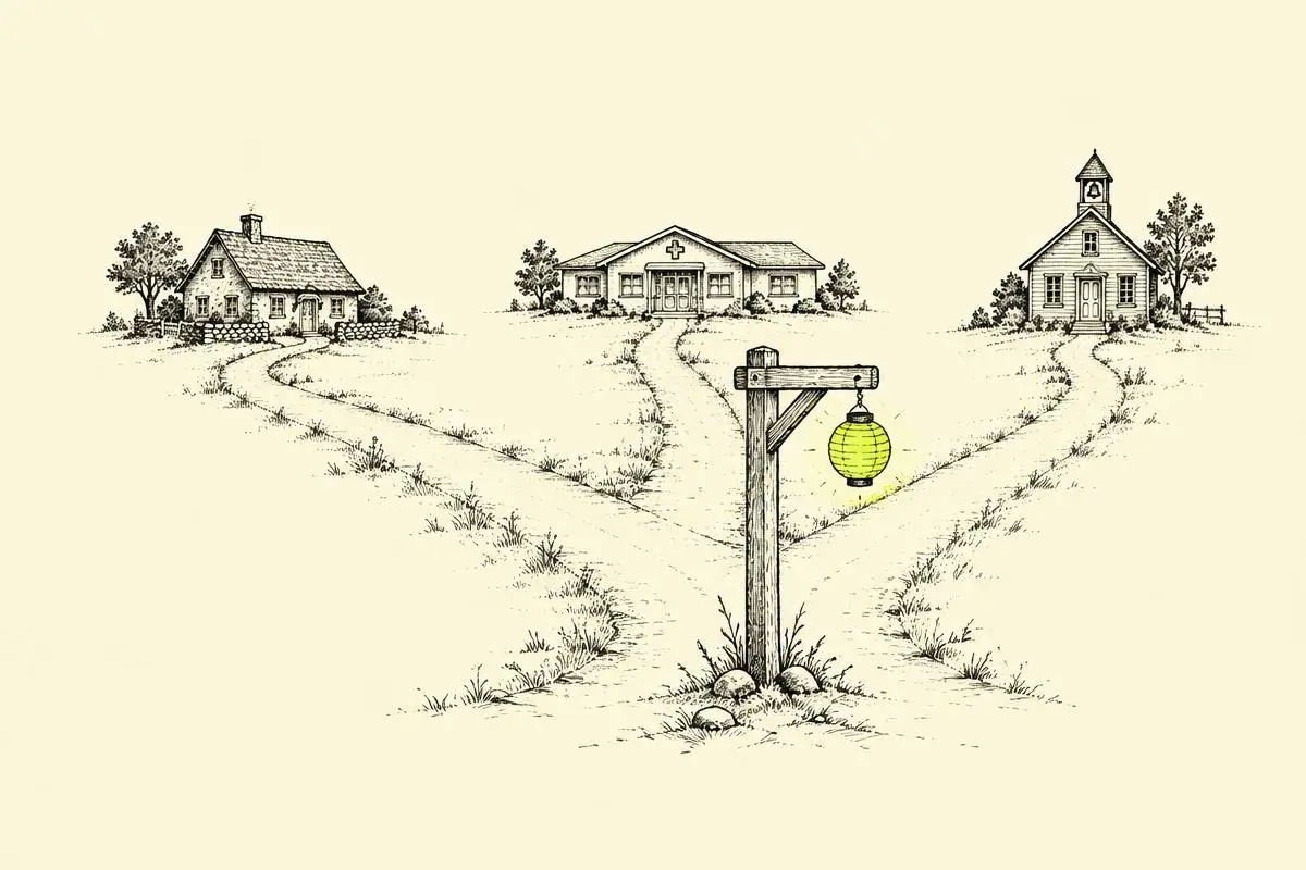 Google AI Mode ads guide showing a signpost and lantern pointing searchers toward a home, a clinic and a schoolhouse.
