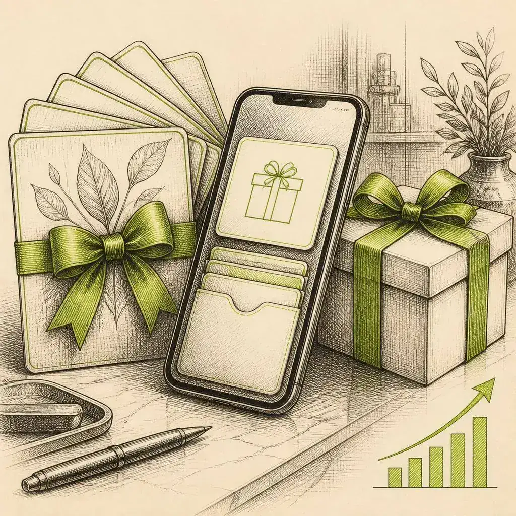 Pen-and-ink sketch of premium gift cards, a mobile gift card wallet and a wrapped gift with a rising lime growth line representing Gyft sales volume growth