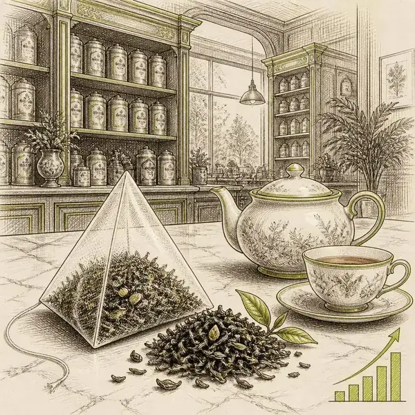 Pen-and-ink sketch of an elegant tea shop with tea tins, a porcelain teapot and a pyramid sachet with a rising lime growth line representing Harney & Sons ecommerce growth