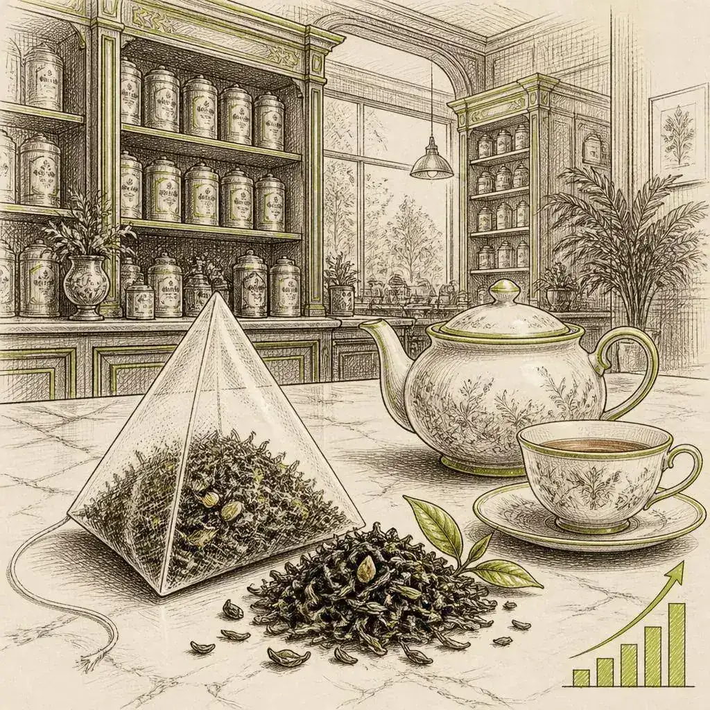 Pen-and-ink sketch of an elegant tea shop with tea tins, a porcelain teapot and a pyramid sachet with a rising lime growth line representing Harney & Sons ecommerce growth