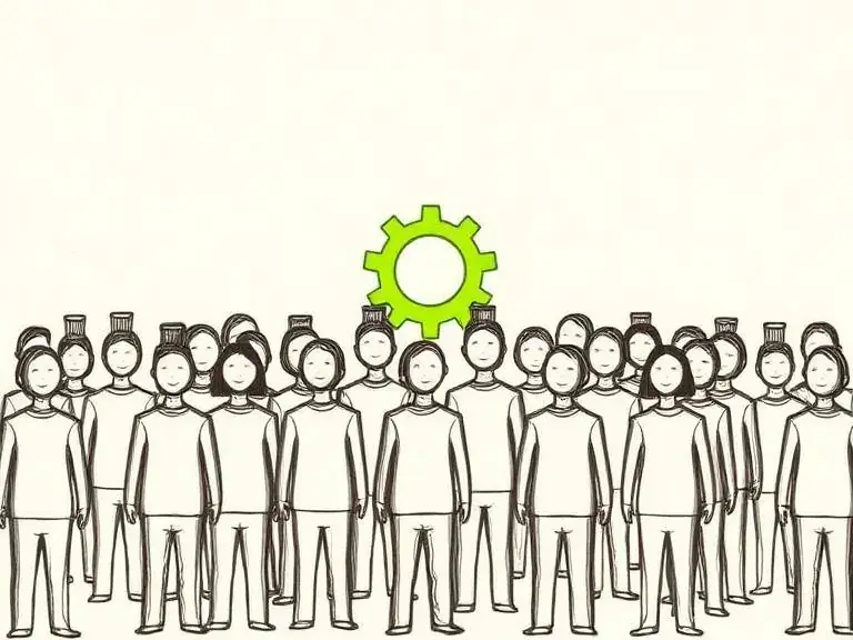 Pen-and-ink sketch of a crowd of figures with a gear among them, representing headcount avoidance