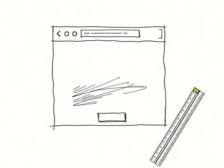 Pen-and-ink sketch of a browser wireframe with a ruler, representing landing page development