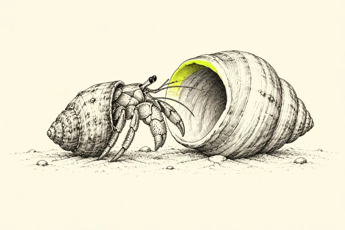 Local Services Ads to Performance Max migration shown as a hermit crab stepping from a small shell into a larger one.
