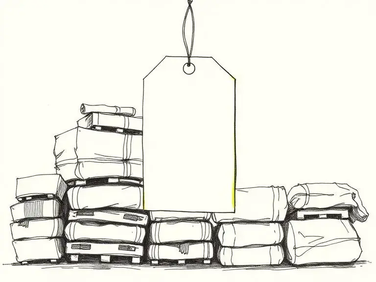 Pen-and-ink sketch of a price tag over stacked material bundles, representing materials discounts
