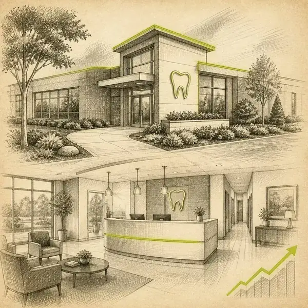 Pen-and-ink sketch of a modern dental clinic building and welcoming reception area with a rising trend line representing Midwest Dental's multi-location PPC growth
