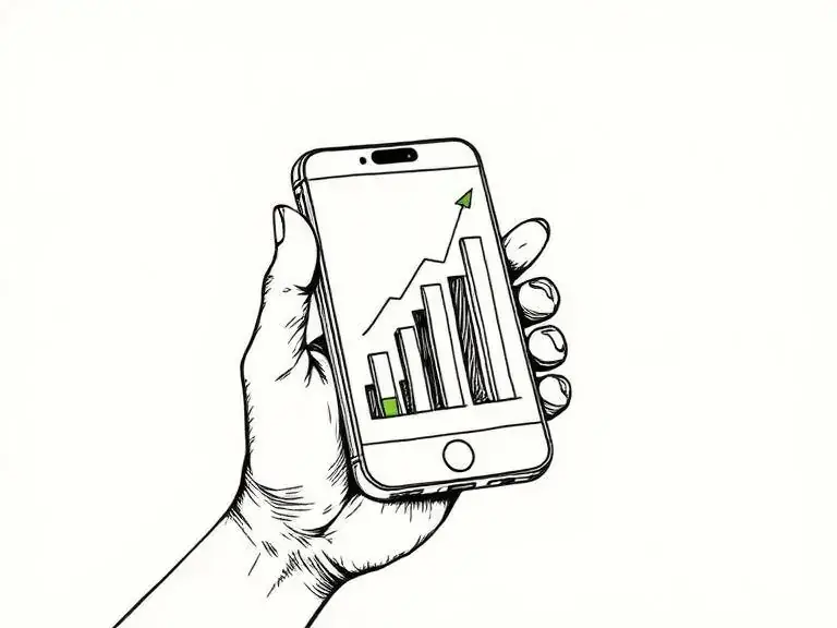 Pen-and-ink sketch of a hand holding a phone with a rising bar chart, representing mobile advertising