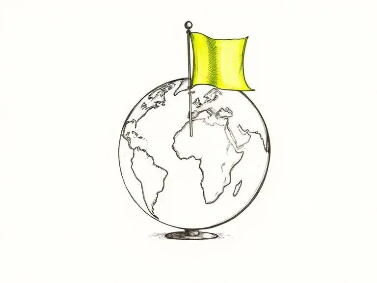 Pen-and-ink sketch of a globe with a flag planted on it, representing new markets