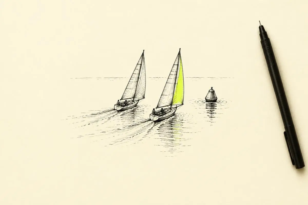 Performance Max A/B testing shown as two small sailboats racing side by side toward a marker buoy.