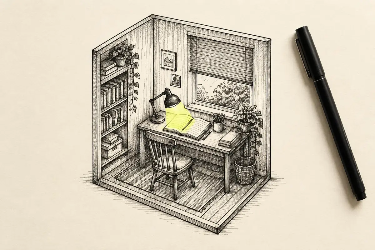 Personal Intelligence ads shown as a cutaway room with a half-drawn window blind and a lamp lighting an open notebook.