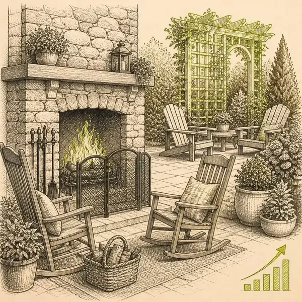 Pen-and-ink sketch of a stone fireplace hearth and garden patio furniture with a rising lime growth line representing Plow & Hearth ecommerce PPC growth