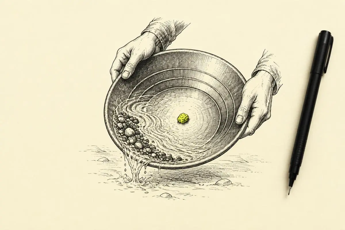 Primary vs secondary conversions shown as a gold pan sifting gravel, with a single nugget resting apart from the pebbles.