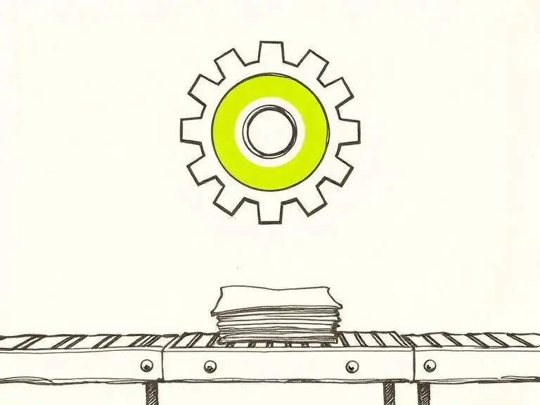 Pen-and-ink sketch of a gear above a conveyor belt of documents, representing process automation