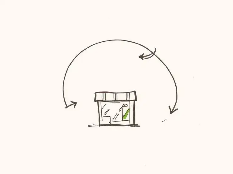 Pen-and-ink sketch of arrows looping back to a storefront, representing remarketing and retargeting