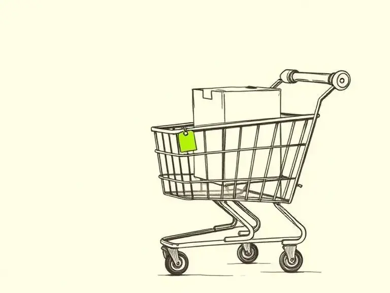 Pen-and-ink sketch of a shopping cart with a tagged product box, representing shopping and product ads