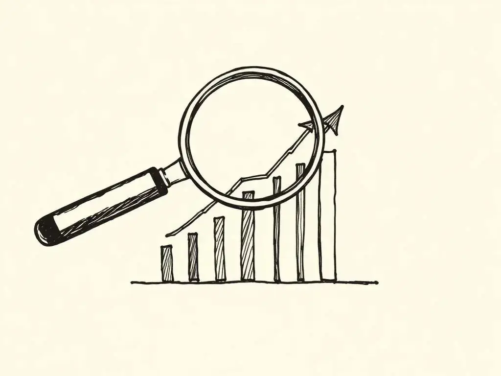 Ink sketch of a magnifying glass over a rising bar chart
