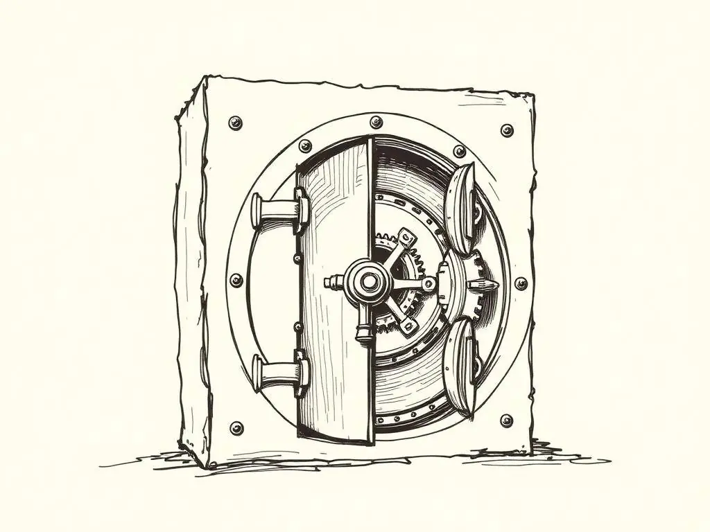 Ink sketch of an open bank vault door representing the X-Vault script library