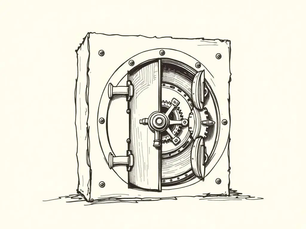 Ink sketch of an open bank vault door representing the X-Vault script library