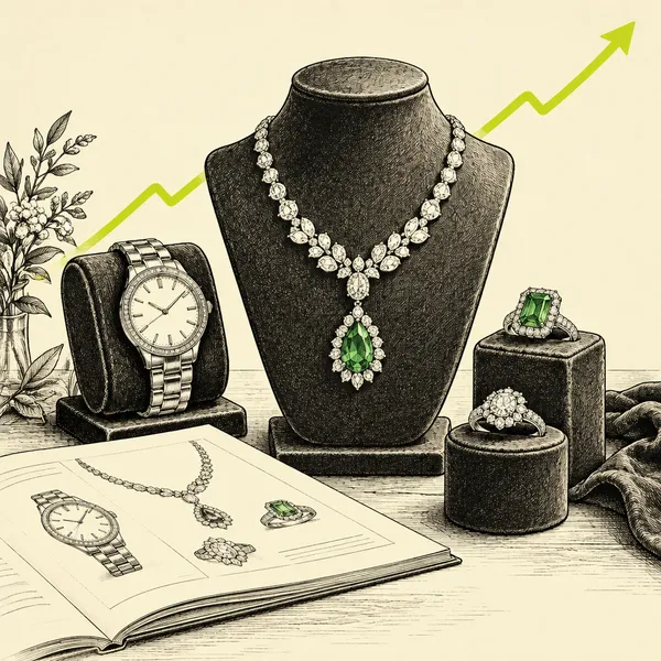 Pen-and-ink sketch of a jewelry display with a watch, gemstone necklace, rings and an open catalog with a rising lime growth line representing Stauer new-customer growth