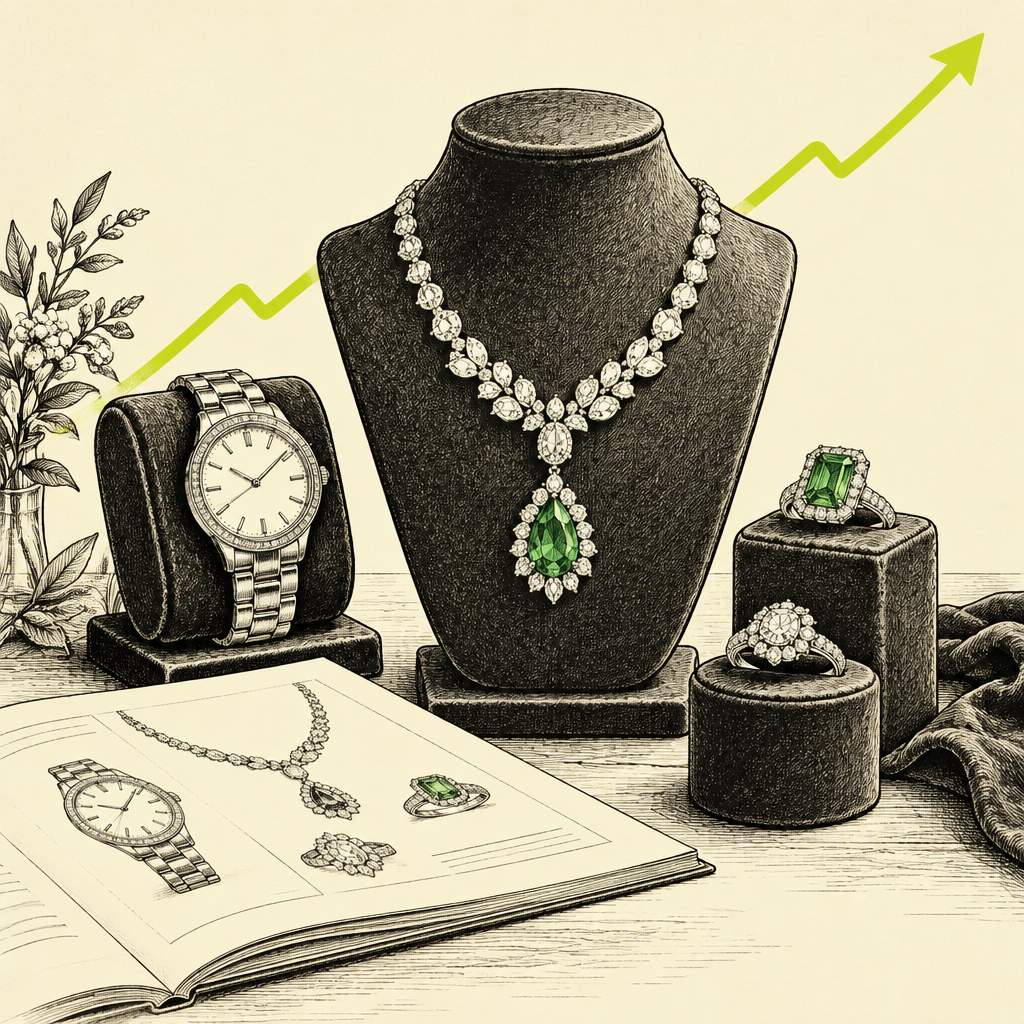Pen-and-ink sketch of a jewelry display with a watch, gemstone necklace, rings and an open catalog with a rising lime growth line representing Stauer new-customer growth