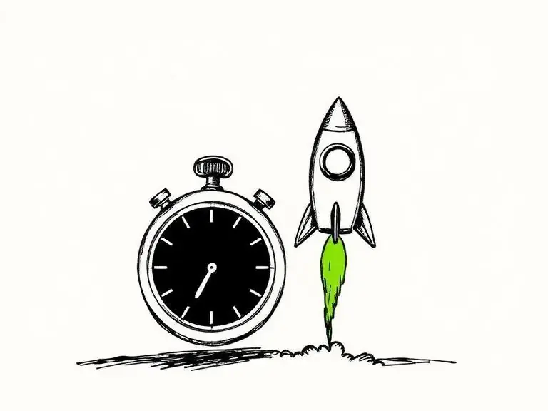 Pen-and-ink sketch of a stopwatch beside a launching rocket, representing faster time to market