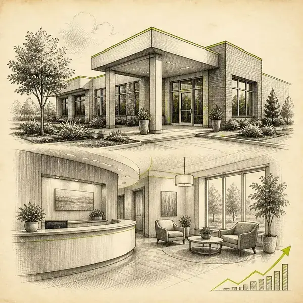 Pen-and-ink sketch of a modern pain clinic building and welcoming reception area with a rising trend line representing patient lead growth