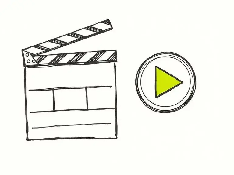Pen-and-ink sketch of a clapperboard and play button, representing video marketing